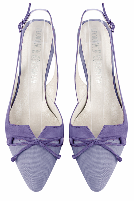 Lavender purple women's dress pumps, with a knot on the front. Tapered toe. High slim heel. Top view - Florence KOOIJMAN